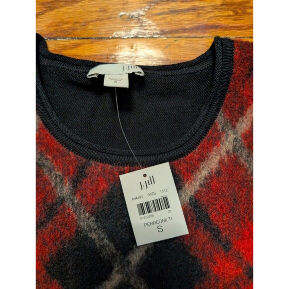 NWT J. Jill Crew Neck Sweater Women's Small Red Black Argyle Plaid Pullover - Picture 3 of 9